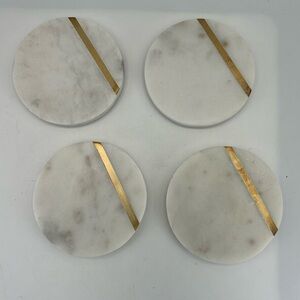 Cork & Mill Marble Coasters Set of 4  White Marble Gold Brass Bar Contemporary
